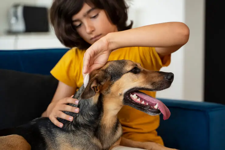 Uma criança limpando seu cachorro antes de colocar o antipulgas.