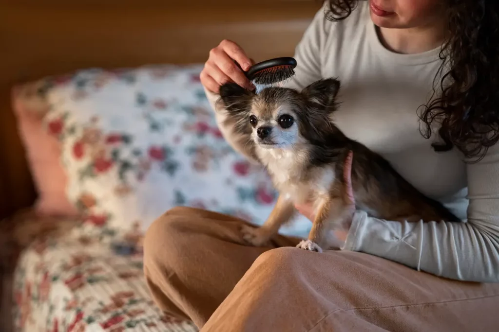 Tutora cuidando do seu chihuahua