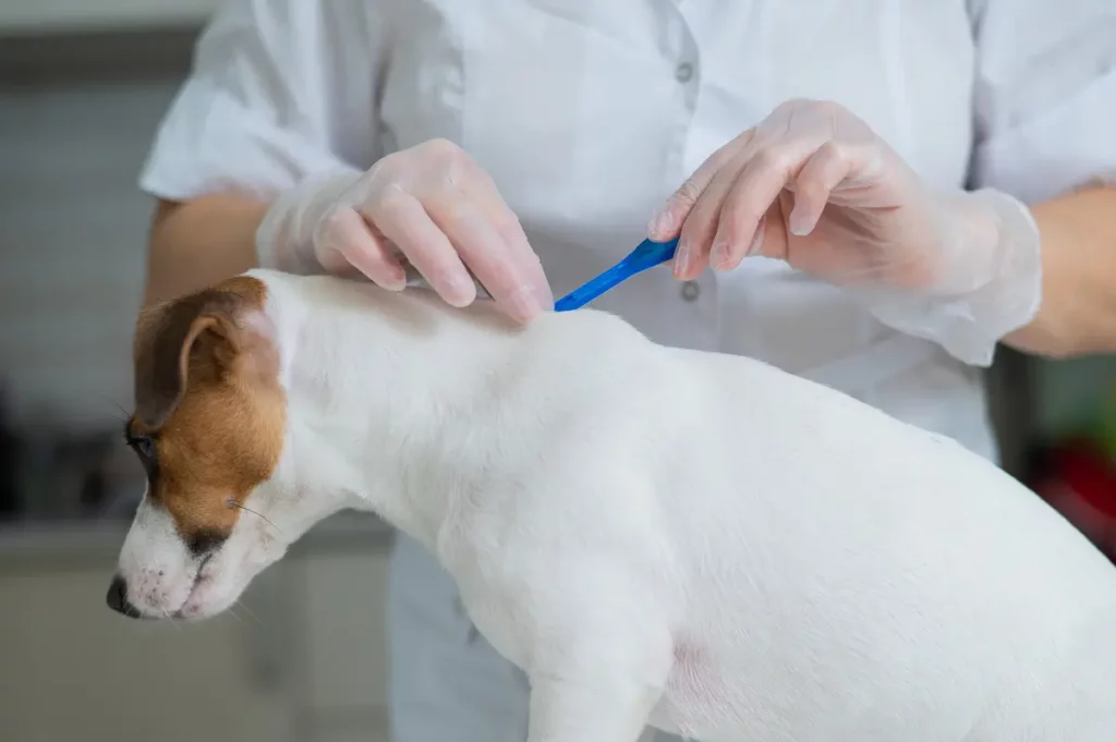 Cachorro sendo aplicado seu antipulga Bravecto
