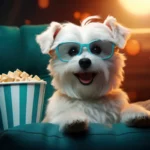 Um cãozinho branco, vendo seu filme com óculos 3D.