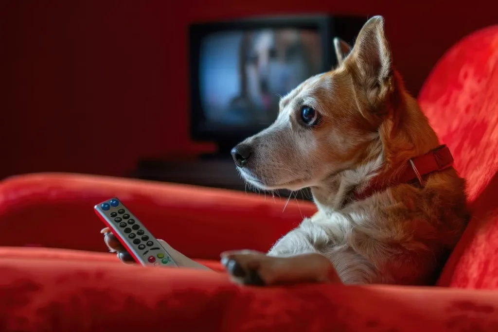 Um cão assistindo filmes de cachorro
