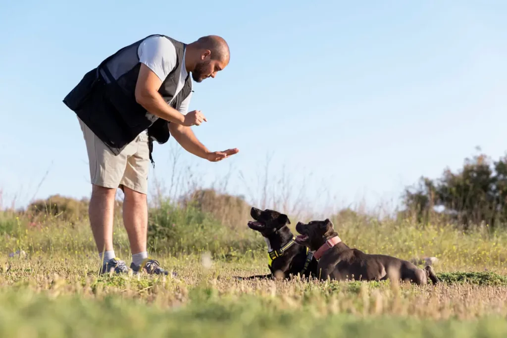 um adestrador com dois cachorros