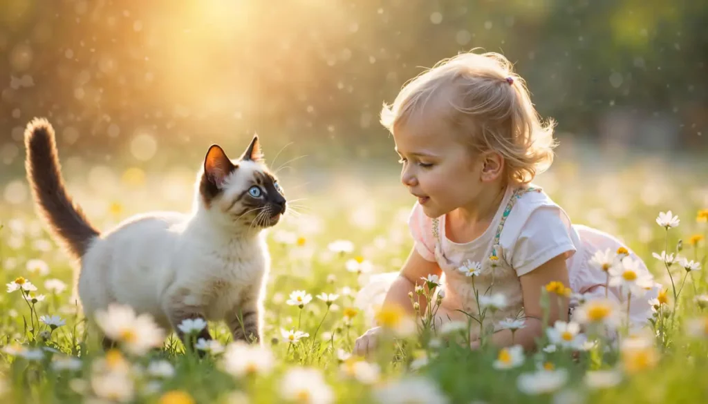 Um gato filhote e uma criança no parque