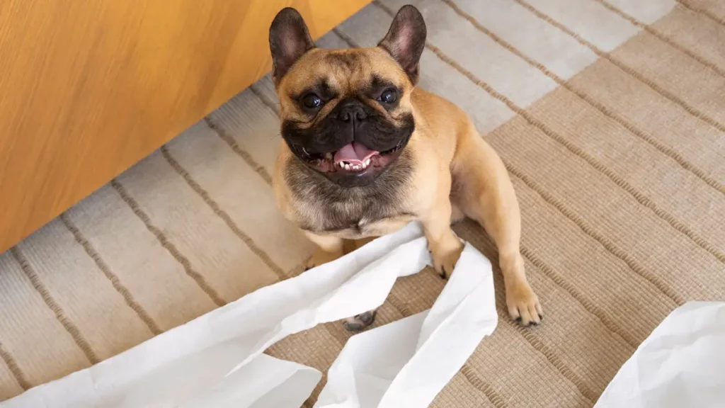 Um cachorro após fazer sua coprofagia brincando com papel higiênico