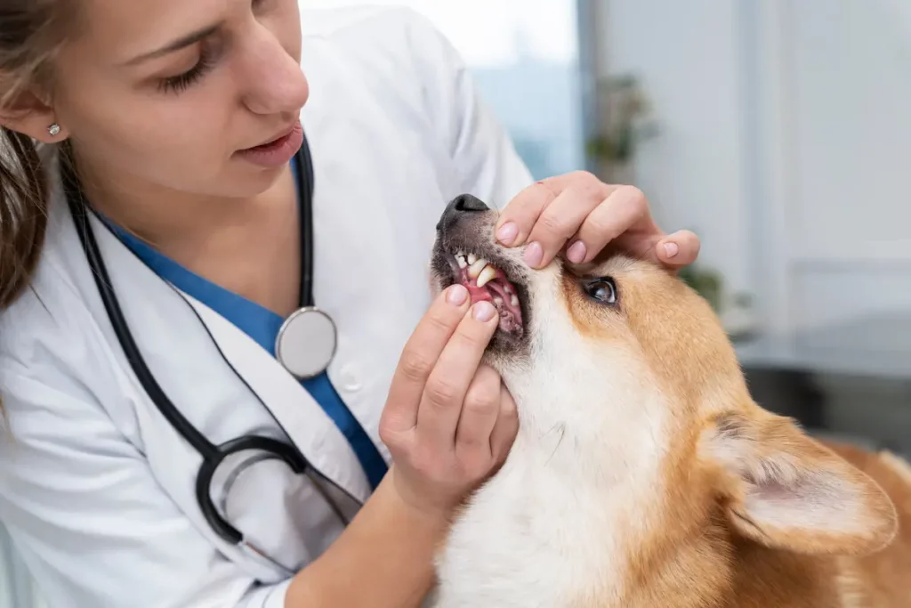 Uma veterinária em consulta com um cachorro