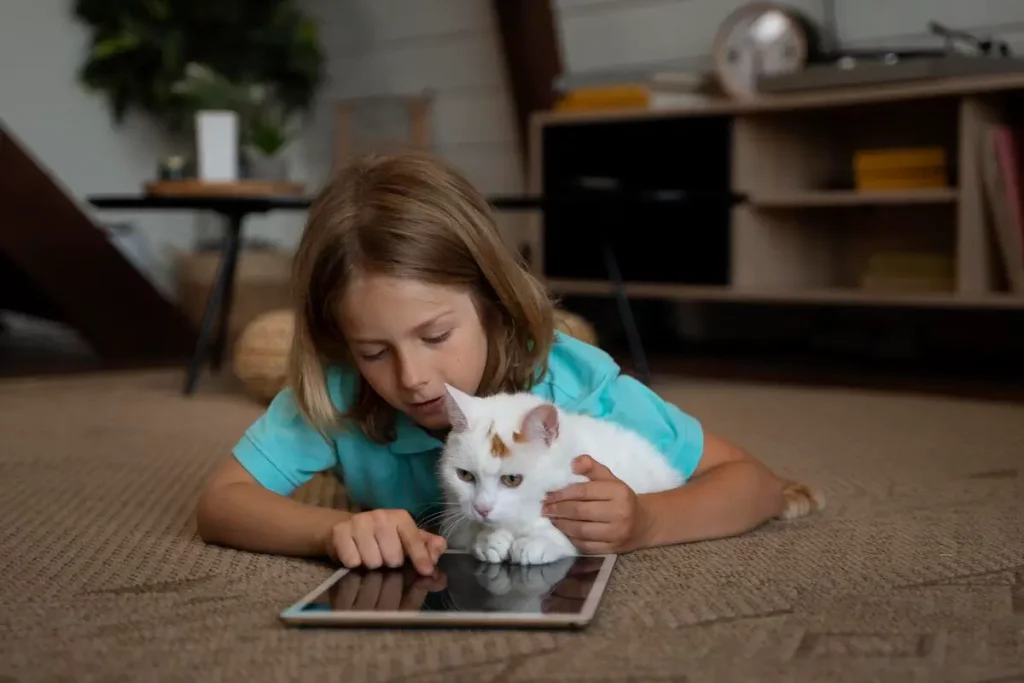 Um criança mostrando vídeo para gatos para seu gatinha branco.